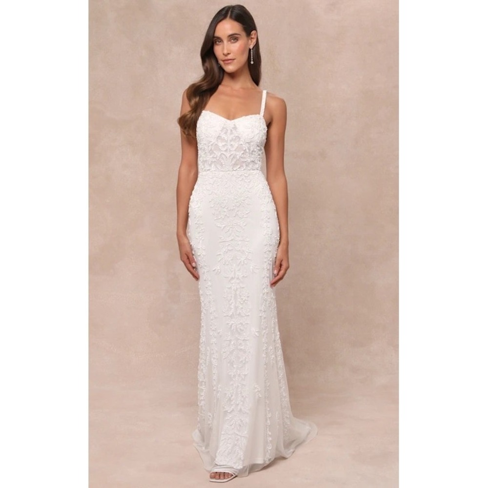 NWT Lulu's Momentous Love Beaded Bustier Mesh Mermaid Maxi Wedding Dress XL